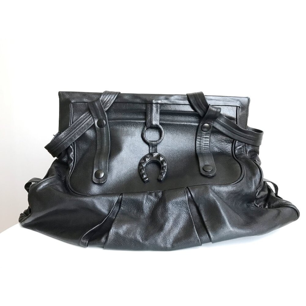 Natalia Brilli Vintage Black Lamb Leather Purse Pleats Horseshoe Charm 2000s Y2K